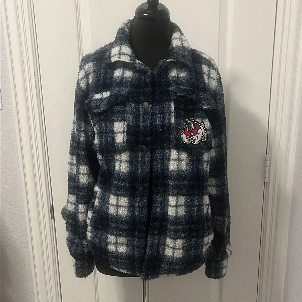 Fresno State Plaid Fleece Jacket with Bulldog Patch